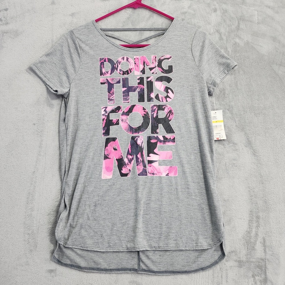 NEW Energie‎ Top Womens M Gray Doing This For Me Floral Graphic Tee Strappy Back